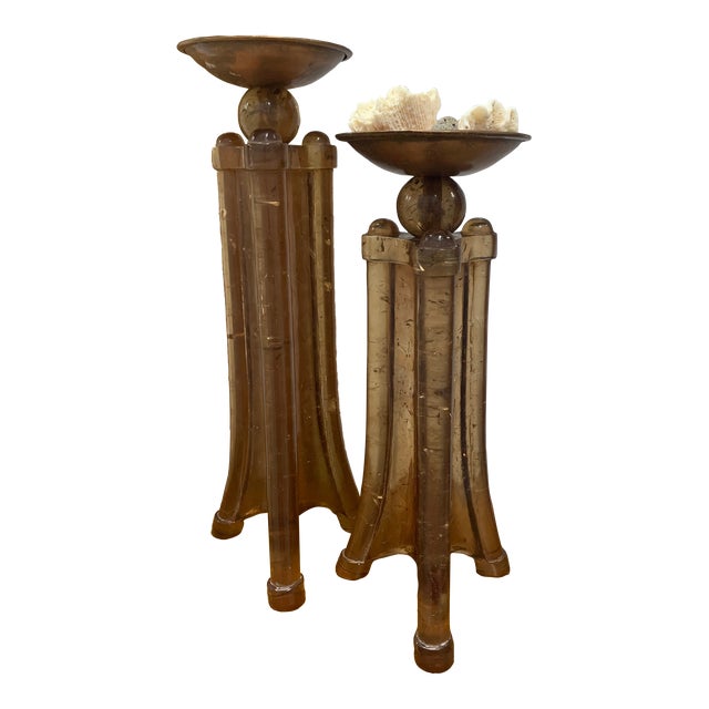 Pair of Mid-Century Modern Amber Acrylic Bamboo & Copper Candle Holders For Sale