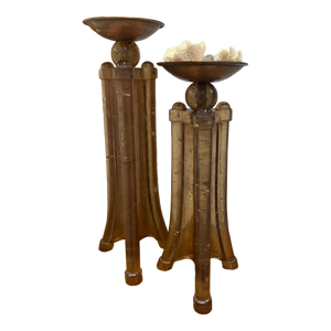 Pair of Mid-Century Modern Amber Acrylic Bamboo & Copper Candle Holders