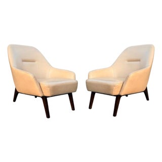 Pair of Adam Court Leather Lounge Chairs | Cream Leather on Dark Walnut Frames | Modern Designer Armchairs For Sale