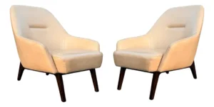 Pair of Adam Court Leather Lounge Chairs | Cream Leather on Dark Walnut Frames | Modern Designer Armchairs