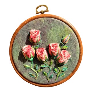 3d Rose Embroidery Wall Art | Pink Roses Stumpwork Hoop (5.3 Inch) For Sale
