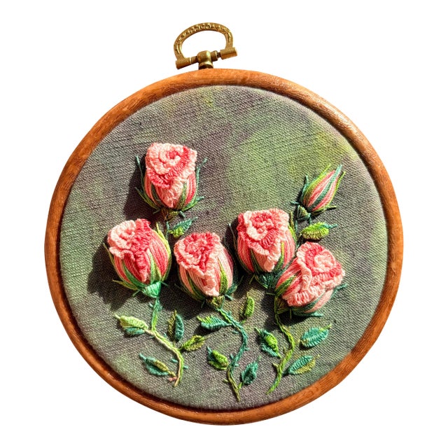 3d Rose Embroidery Wall Art | Pink Roses Stumpwork Hoop (5.3 Inch) For Sale