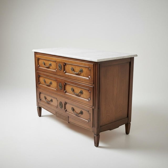 French Mid-Century French Louis XVI Style Marble Top Carved Walnut Commode / Chest For Sale - Image 3 of 6