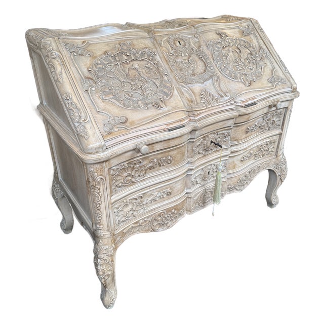 French Bleached + Carved Oak Wood Louis XV Secretary For Sale
