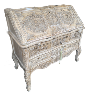 French Bleached + Carved Oak Wood Louis XV Secretary
