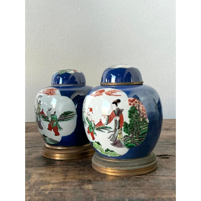 Chinoiserie Vintage Asian Famile Verte Lidded Ceramic Jars - A Pair For Sale - Image 3 of 12