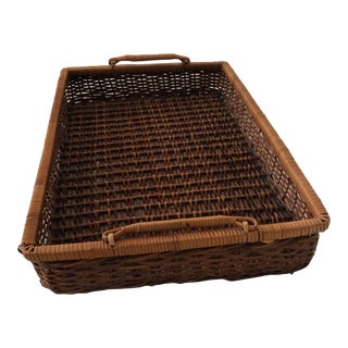 Vintage Wicker Serving Tray With Handles For Sale