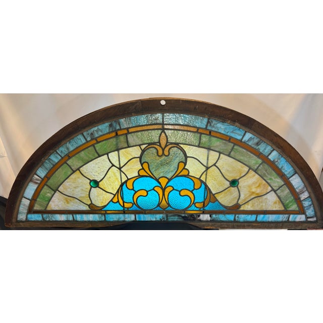Victorian Antique Art Nouveau Arched Leaded Stained Glass Architectural Window, Circa 1890–1925 For Sale - Image 3 of 12