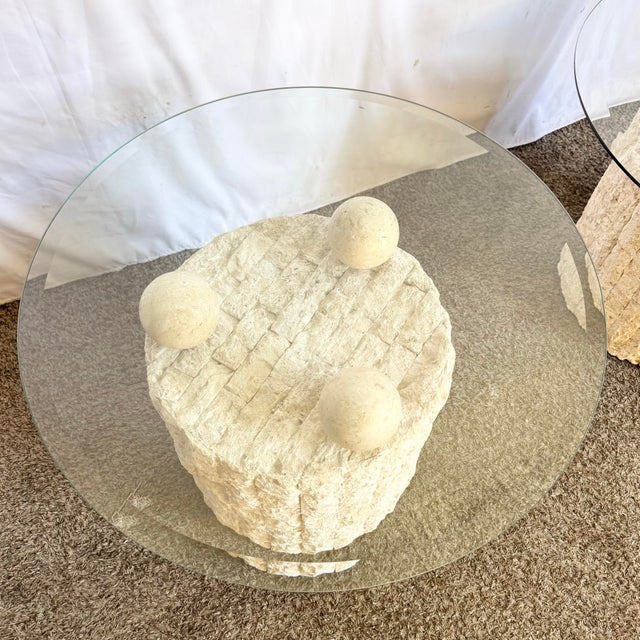 Beige Postmodern Circular Tessellated Stone Glass Top Side Tables - A Pair For Sale - Image 8 of 10