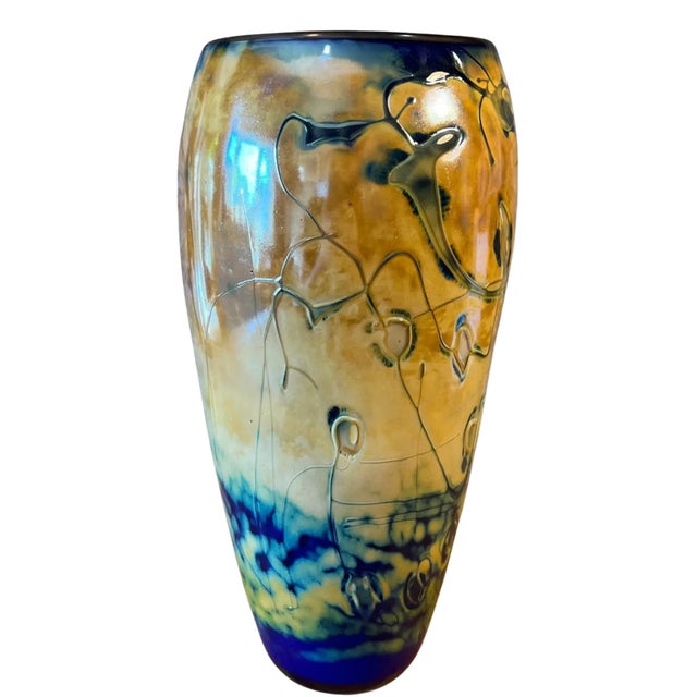 Abstract Textural Art Glass Amber Blue Ovoid Vase For Sale - Image 16 of 17