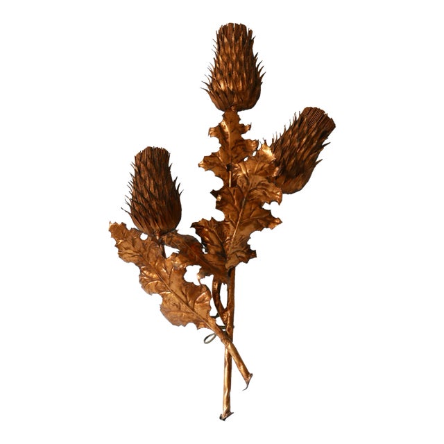 Large Mid-Century Modern Gilt Metal Three Flamed Thistle Flower Sconce, 1960s For Sale