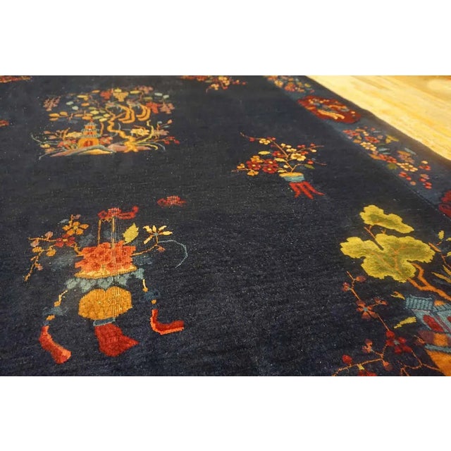 1920s Navy Blue Vase Floral Antique Chinese Art Deco Carpet 9' X 11'6" Handknotted Wool Rug For Sale In New York - Image 6 of 11