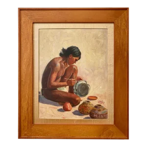 Late 20th Century Portrait Oil Painting of a Young Native American Potter by David Gregory, Framed