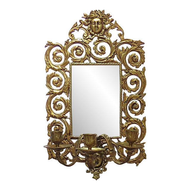 19th C. Gilt Metal Wall Sconce W/ Beveled Mirror Antique Victorian For Sale