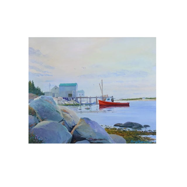Capturing the quiet beauty of a working coastal harbor, this original oil on canvas by Knox Everson depicts a vibrant red...