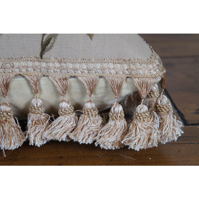 Beige Late 20th Century Embroidered Pink & Blue Floral Down Filled Throw Pillow With Tassels For Sale - Image 8 of 10