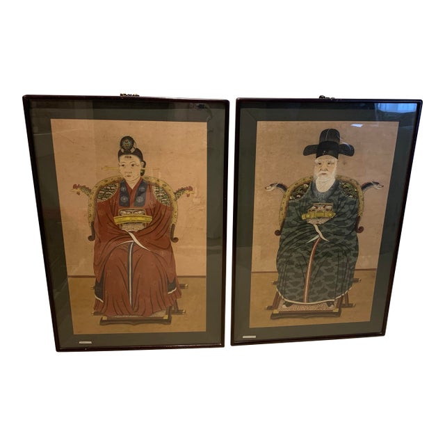 Framed Chinese Orr Korean Emperor and Empress 19th Century Ancestors, a Pair For Sale
