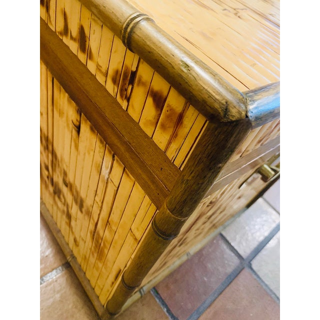 Mid-Century Campaign Style Scorched Split Reed Bamboo Trunk, Coffee Table With Brass Handles and Closure in the Manner of Ralph Lauren For Sale - Image 11 of 12
