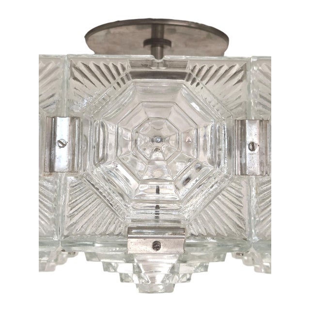 Mid 20th Century Art Deco Revival Geometric Glass Flush Mount /Ceiling Pendant W/ Nickeled Clips For Sale In New York - Image 6 of 16