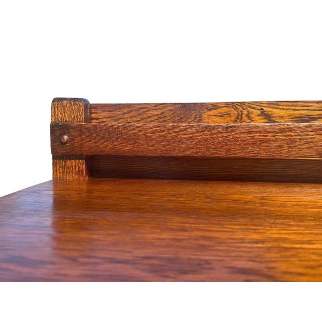 Wood Antique Arts & Crafts Mission Oak China Cabinet With Leaded Crystal Glass Panels For Sale - Image 7 of 12