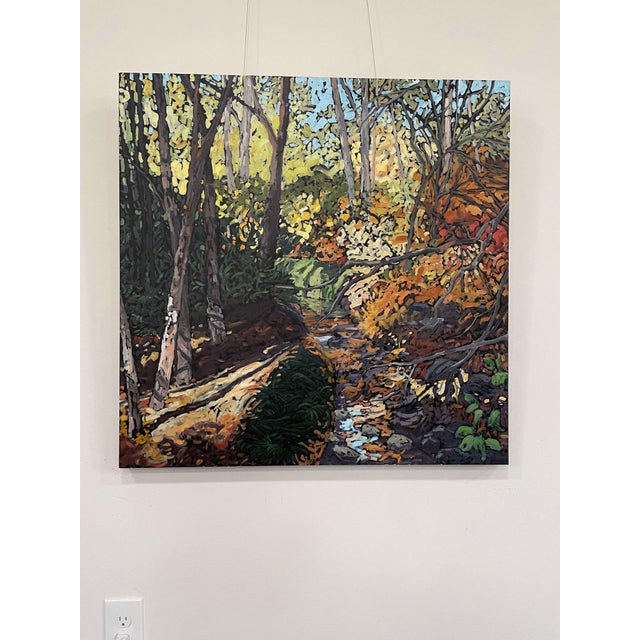 This oil painting on cradle board captures a serene woodland scene, where dappled sunlight filters through the trees,...