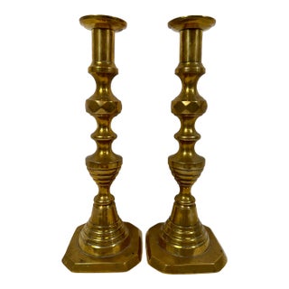 Antique Pair of 19th Century Square Based Brass Push-Up Candlesticks From England For Sale