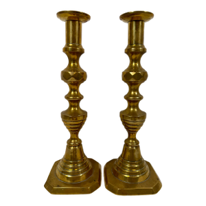 Antique Pair of 19th Century Square Based Brass Push-Up Candlesticks From England