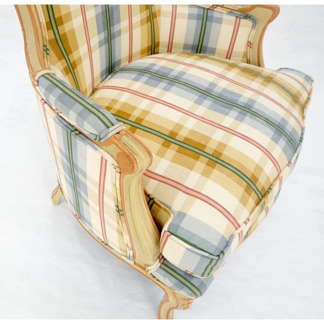 French Provincial Funky Upholstery Painted & Carved Frame French Ballon Back Arm Lounge Chair MINT For Sale - Image 3 of 16