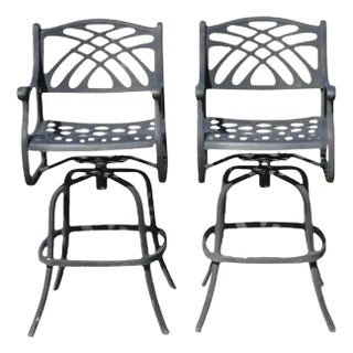 Late 20th Century Cast Aluminum Swivel Art Nouveau Style Pool Patio Bar Stools Chairs - A Pair For Sale