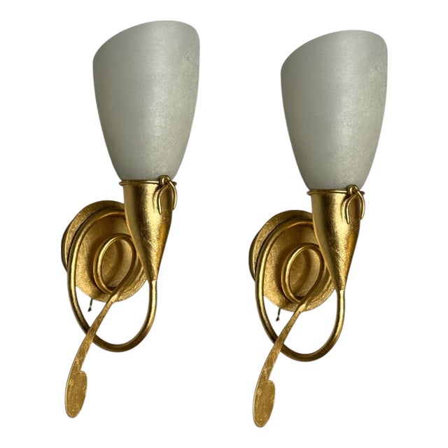 Gold Gilded Wall Sconces with Murano Glass Shades, 1980s, Set of 2 For Sale