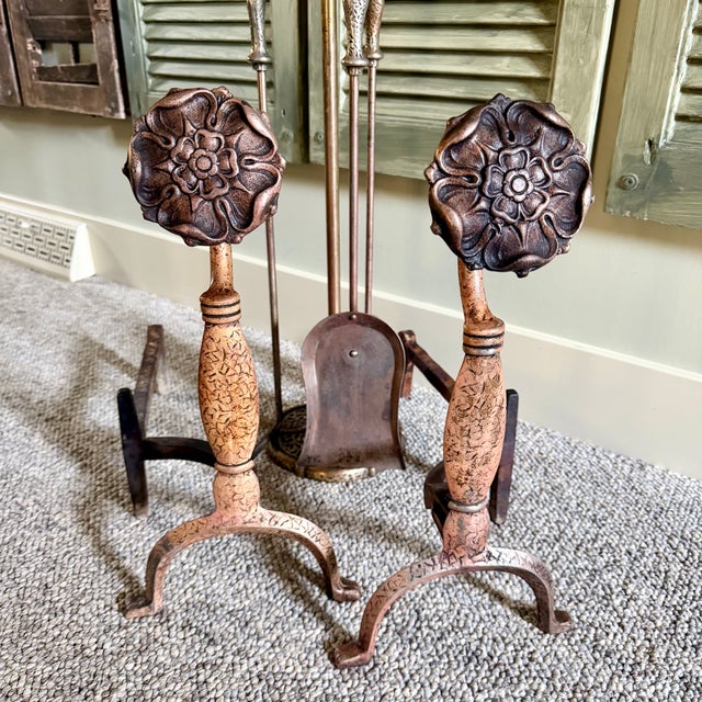 Sheffield Pullman Antique Tudor Rose Fireplace Andirons, Tools & Rack For Sale - Image 10 of 14