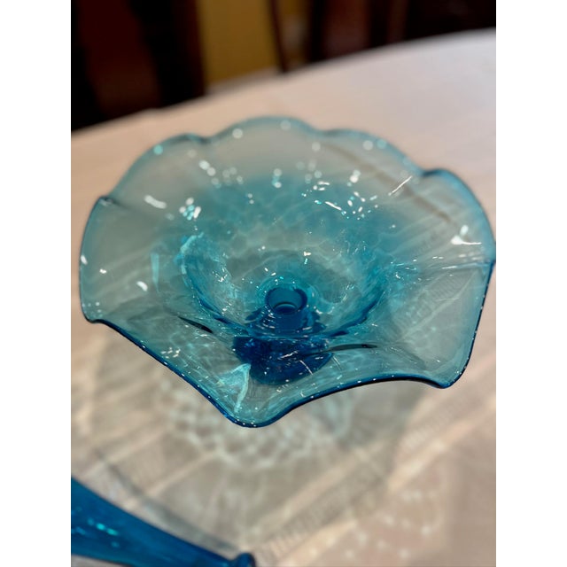 Blue Early 20th Century Fenton Blue Art Glass Ruffled Epergne Trumpet Vase For Sale - Image 8 of 10