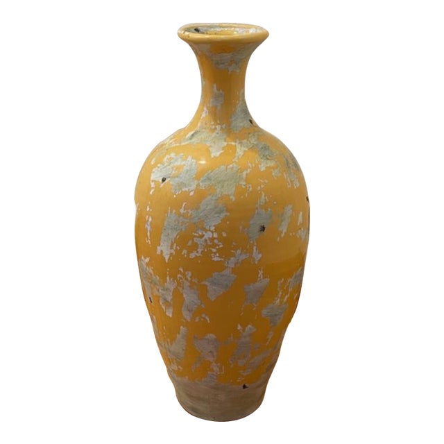Late 20th Century Tall Yellow Ceramic Vase, With Mixed Glaze Finish For Sale