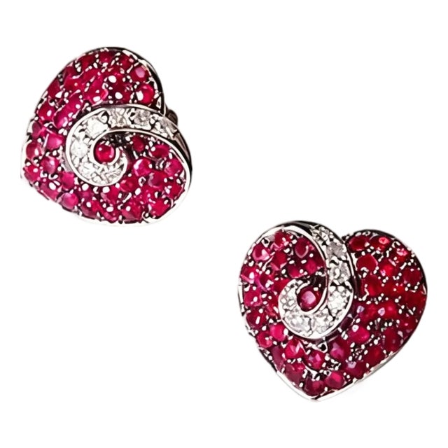 Late 20th Century 14K White Gold Ruby Diamond Designer Heart Stud Earrings, Pair For Sale