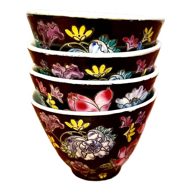 Black Chinese Petite Porcelain Tea Cups - Set of 4 For Sale