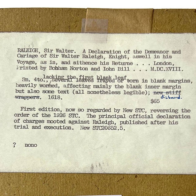 Brown Rare 1st Edition Book: A Declaration of the Demeanor by Sir Walter Raleigh & Francis Bacon For Sale - Image 8 of 11