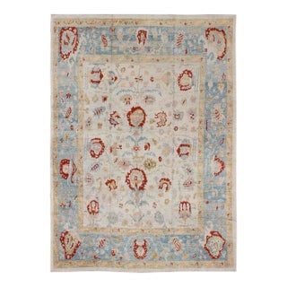 Large Angora Oushak Turkish Rug With All Over Design in Light Blue, Ivory & Red For Sale