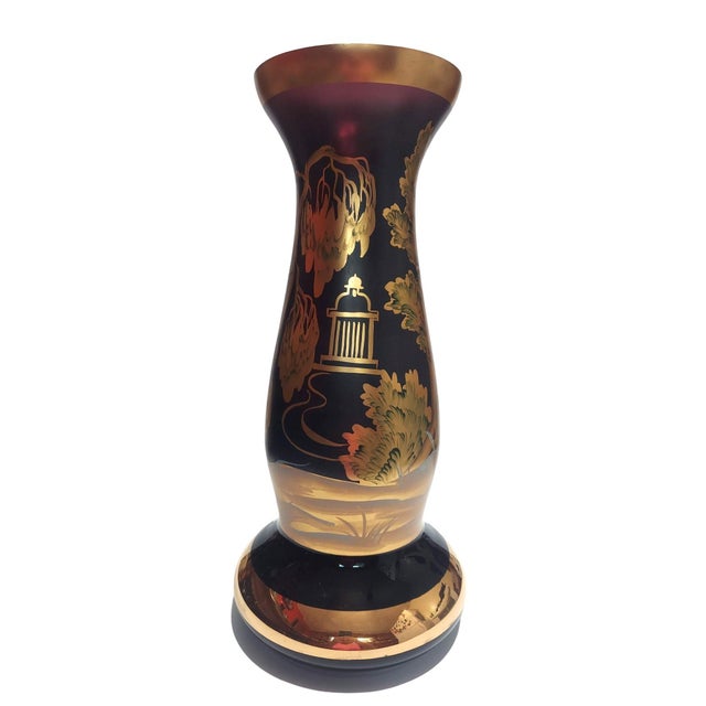 Late 20th Century Hand Painted Purple Glass Vase Gilt Gold Regency Style Courting Couple Hearth Mantel Left Facing For Sale - Image 5 of 9