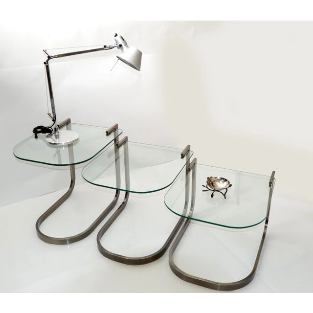 DIA - Design Institute America Design Institute of America 'Dia' Three Vintage Glass & Steel Nesting Tables For Sale - Image 4 of 13