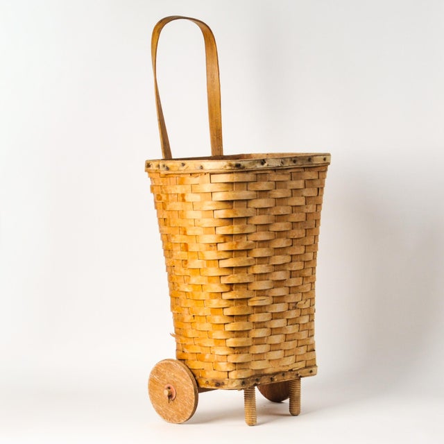 French Country Antique Splint Wood Rolling Basket Cart For Sale - Image 3 of 15