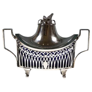 Art Nouveau Silver Lidded Bowl with Blue Glass Insert by J. Bannert, Vienna, 1900s