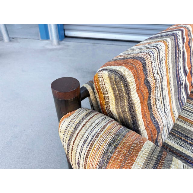 1970s Vintage Brutalist Wood, Brass, and Striped Upholstered Sofa For Sale - Image 11 of 12