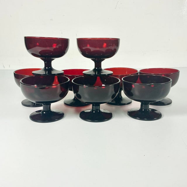 Art Deco 1920s Antique Art Deco Boho Chic Hollywood Regency Ruby Red Champagne Coupes - Set of 9 For Sale - Image 3 of 12