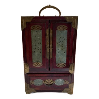 Mid 20th Century Chinese Rosewood and Carved Jade Jewelry Chest / Box For Sale