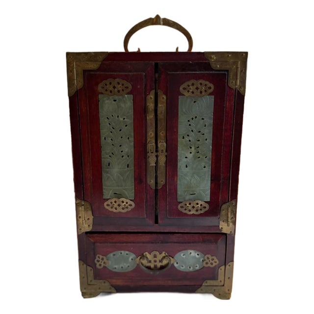 Mid 20th Century Chinese Rosewood and Carved Jade Jewelry Chest / Box For Sale