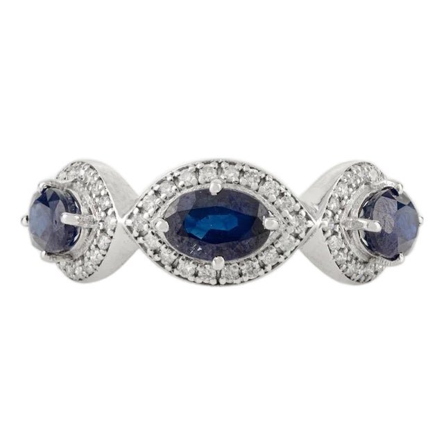 Marquise Cut Three Stone Sapphire Diamond Cluster Ring 14k Gold Size 7 For Sale