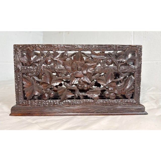 Antique Hand Carved German Black Forest Wood Reticulated Dresser Spool Box For Sale - Image 4 of 12