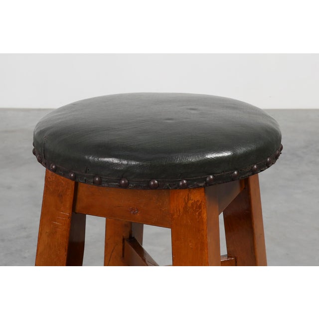 Early Art Deco Arts & Crafts Oak & Leather Stool, France, 1920s For Sale - Image 4 of 11