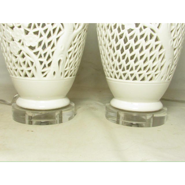 Asian Style Pair of Chinese Blanc De Chine Pierced Porcelain Lamps For Sale - Image 4 of 12