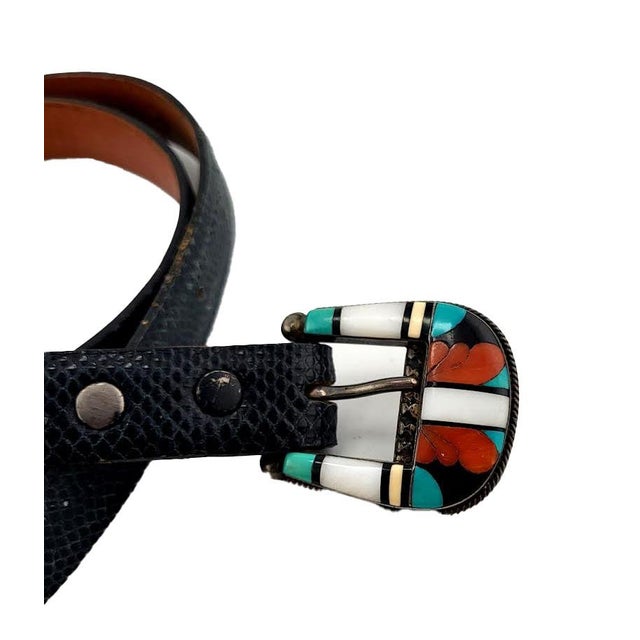 Native American Rare Native American Zuni C & D Cooche Cooeyate Signed Inlay Sterling 2 Pc Ranger Lizard Belt For Sale - Image 3 of 10